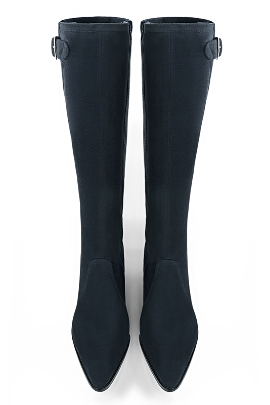Midnight blue women's knee-high boots with buckles. Tapered toe. Medium cone heels. Made to measure. Top view - Florence KOOIJMAN
